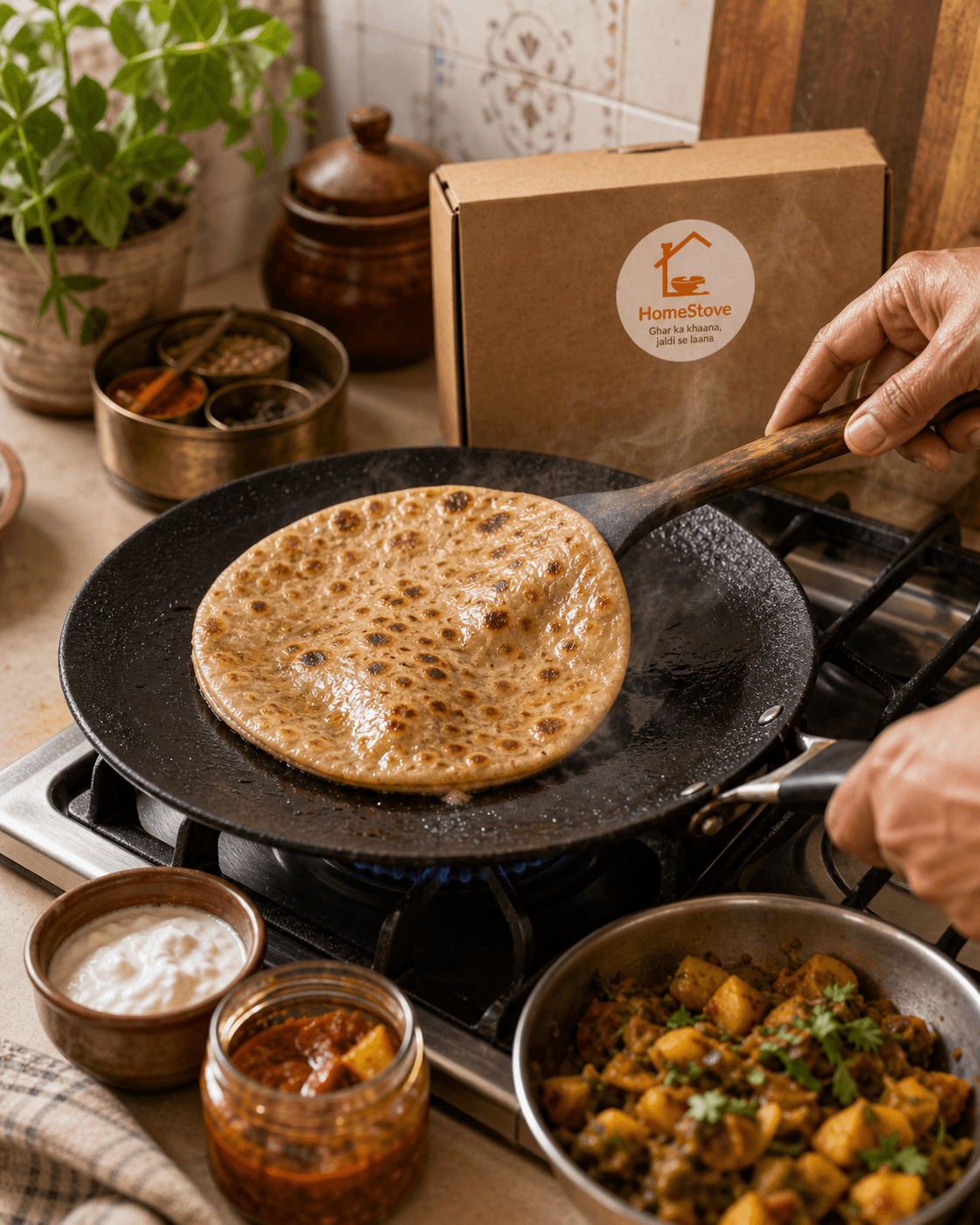 Fresh paratha cooking beside HomeStove meal packaging