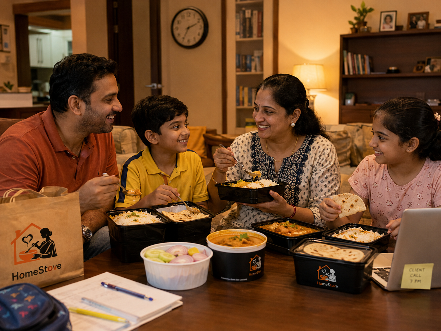 Busy family enjoying a HomeStove home-cooked meal