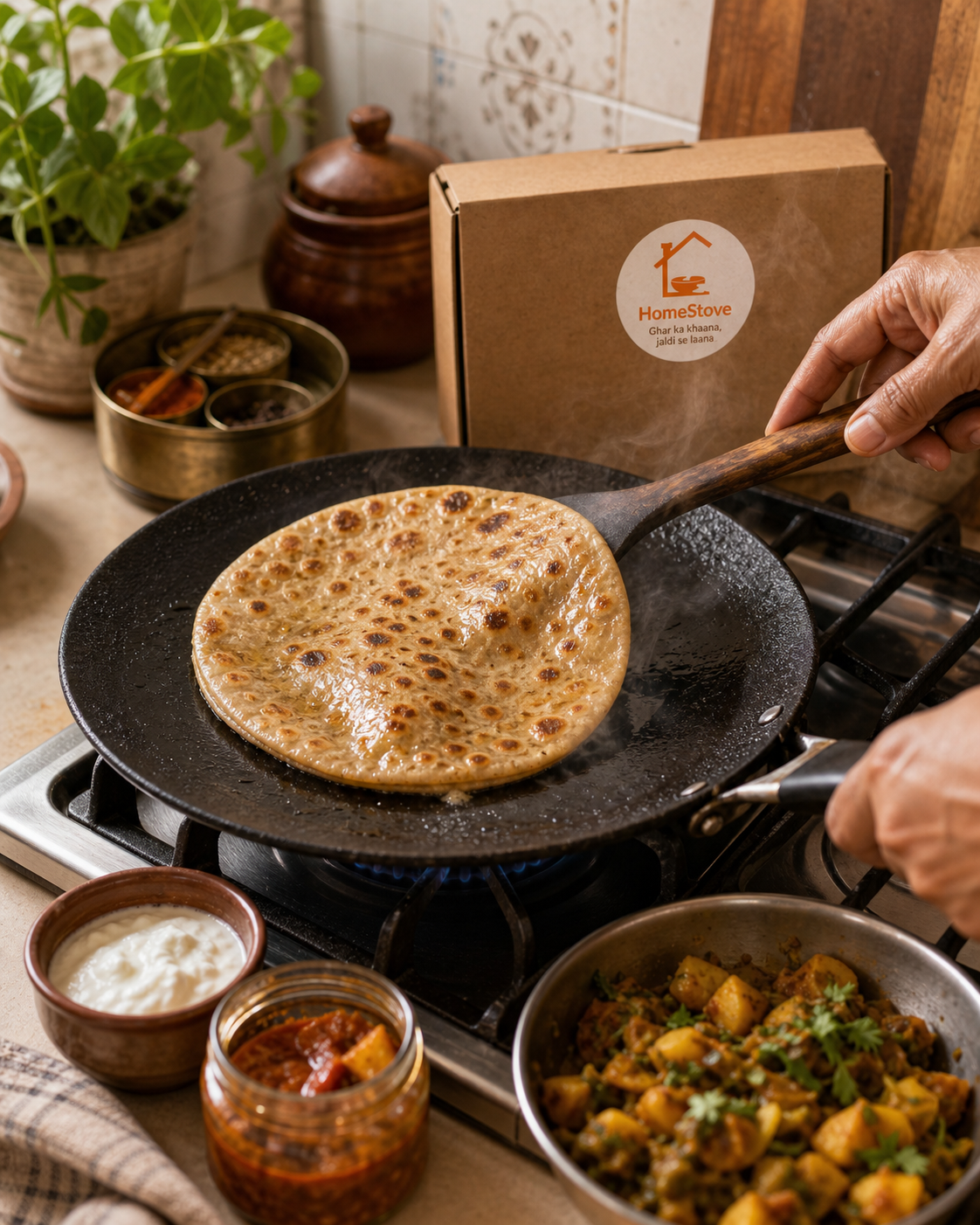 Home chef cooking paratha for a HomeStove order