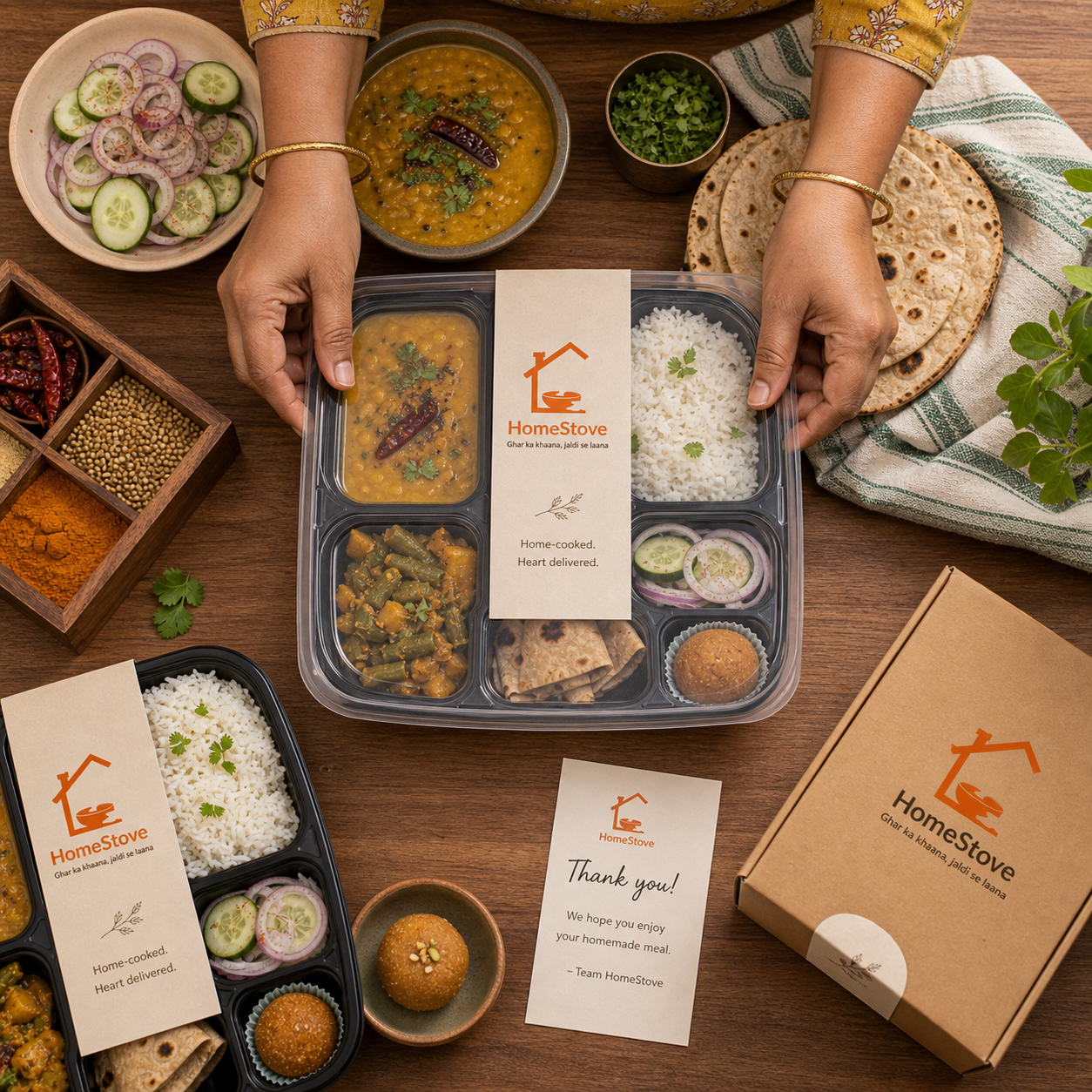 Fresh homemade Indian meal packed in HomeStove packaging